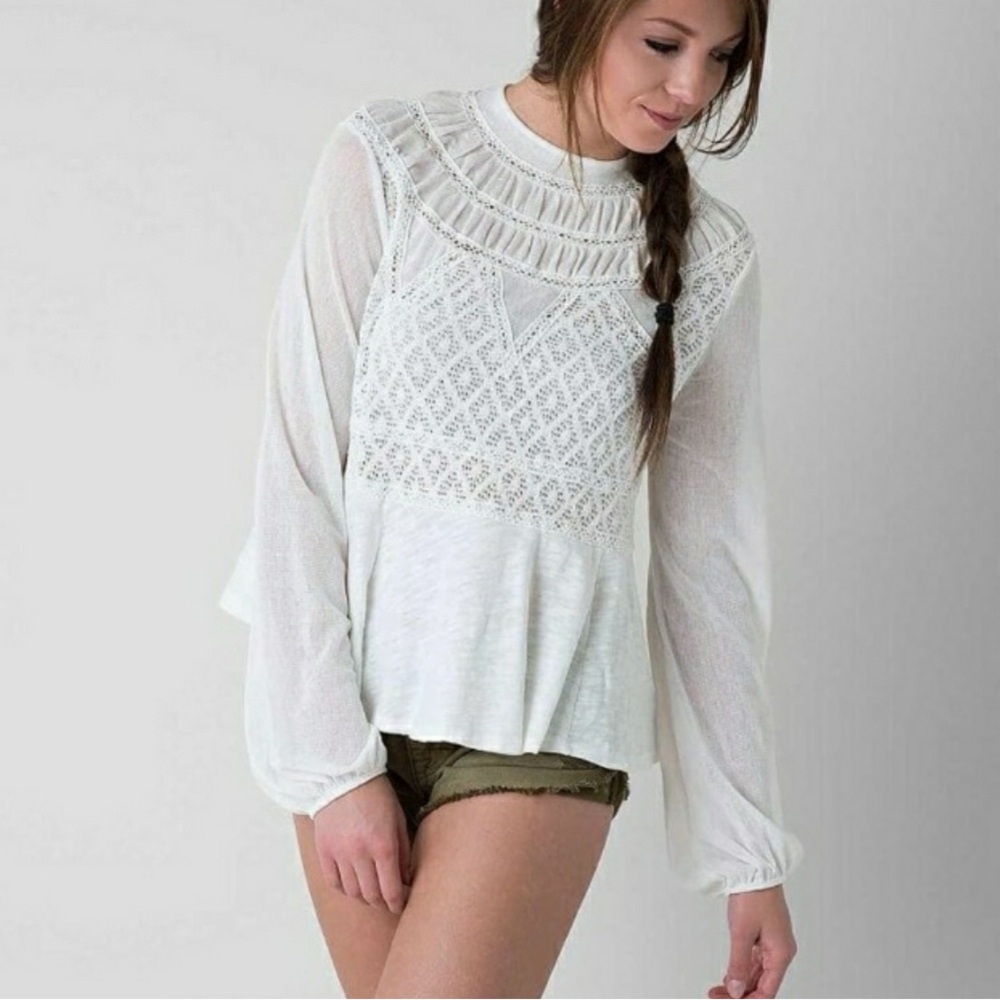 Free People High Neck English Rose Lace Peplum Long Balloon Sleeve Top